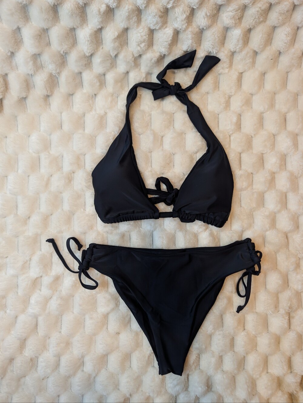 Classic Black Halter Triangle Bikini Set Side Tie Bottoms XS Minimalist Swim
